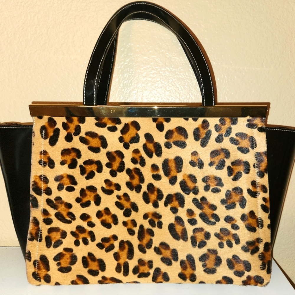 Alberta Di Canio Italian Leather black patent leather & cheetah print Purse